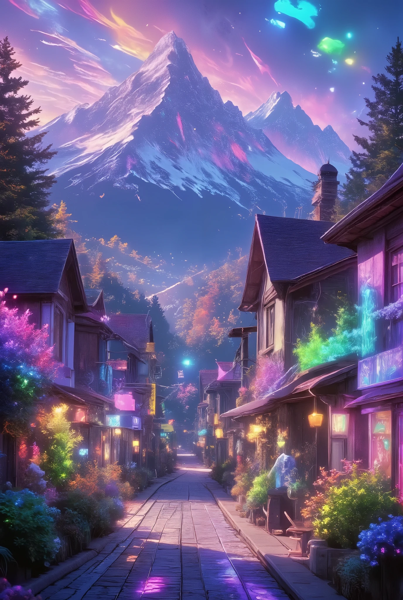  Small village by the river, mountains behind, colorful flowers, detailed landscapes, beautiful natural scenery, atmospheric lighting, scorching sunsets, warm colors, practical photography, detailed leaves, complex buildings, cobbled streets, charming country houses. Vivid colors, lush vegetation, reflection of water, ideal gorgeous pictures, 8k best quality artwork, very detailed, anime style