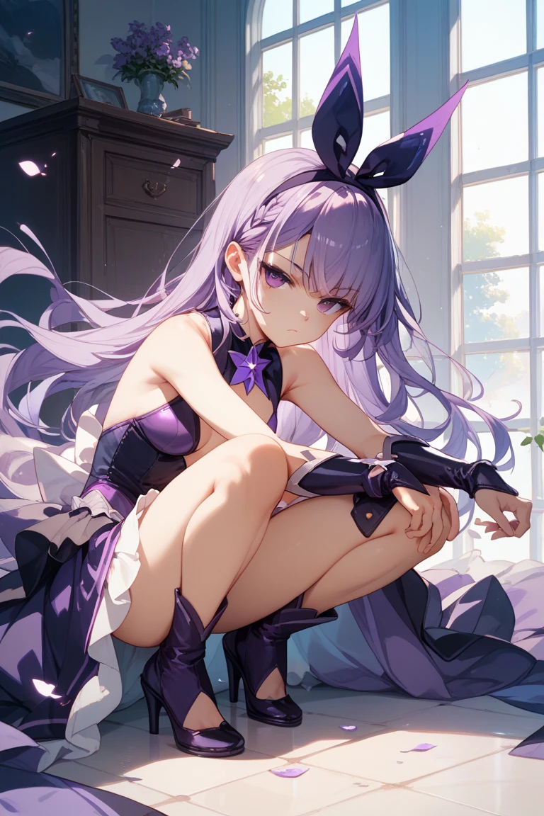 1 female, maestro, wearing a black suit, light purple tie, sin shorts, you can see his naked ass, Thick, light purple hair, wide, light purple rabbit ears, light red eyes, face to detail, detailed eyes, the background is a pizzeria, happy, playing a red guitar
