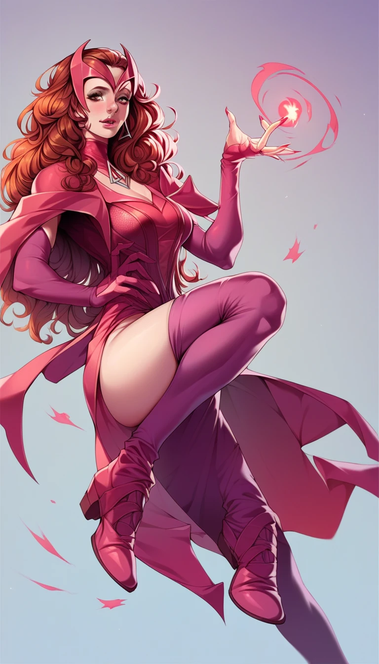 Evelynn from League of Legends wearing a Minister's robe and leaning slightly forward with her robe blown up by the wind, protecting your private parts with one hand and lowering your glasses slightly with the other hand, giving a mischievous little smile