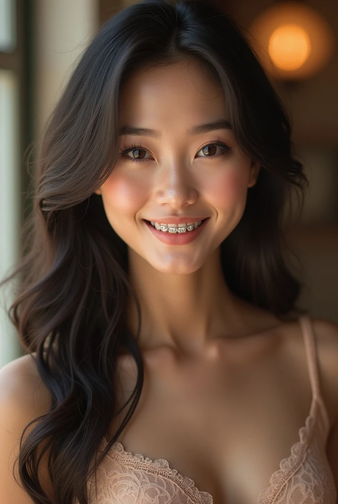 sexy asian woman, realistic, facing camera, posing with smile, real photo with high resolution, whole body