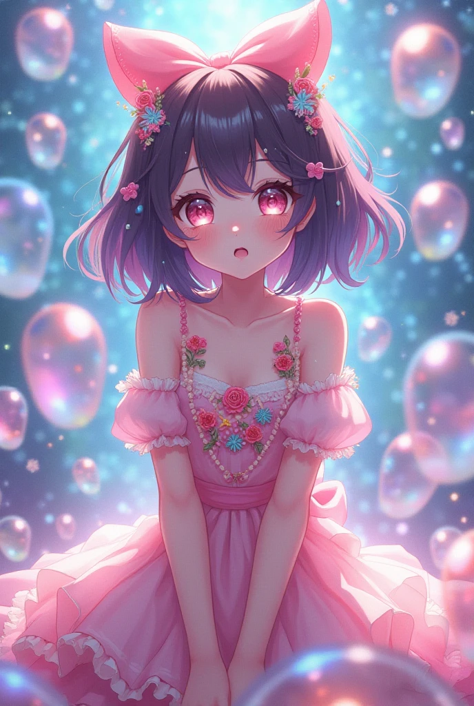 a beautiful detailed girl in a dynamic floating colorful dreamscape, masterpiece, 8k, hyper realistic, extremely detailed facial features, intricate hair, small breasts, detailed anime face, beautiful detailed eyes, gradient color eyes, colorful hair, striped hair, colorful background, high saturation, surrounded by colorful splashes, colorful bubbles, shining