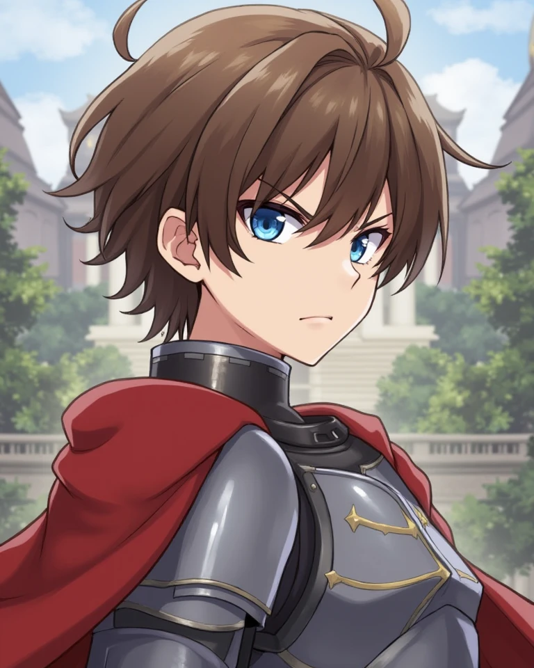 1boy, Solo, short hair, anime, realistic style, realistic painting style, brown hair, blue eyes, Knight wearing silver armor with red cape, fierce looking eyes, handsome face, temple with garden as background, Close-Up, High Resolution, Masterpiece, Best Quality, Detail, blurry background, Illustration, Artistic,