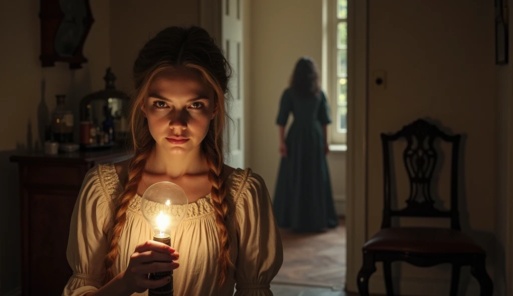 Caroline Ellis is in the dark, dusty attic of the Devereaux mansion, segurando uma lanterna. Ela encontra um quarto oculto cheio de artefatos de vodu, incluindo bonecas de vodu, velas pretas e livros antigos com capas desgastadas. A luz da lanterna ilumina parcialmente o ambiente, criando sombras misteriosas. Caroline has an expression of surprise and uneasiness as she observes the objects around her.