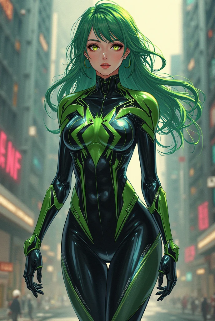 full body picture Unreal Engine 5 8K UHD of 2 beautiful women, forest green curly hair style, wearing Evangelion black plug suit, half face cyberpunk mask, futuristic neck collar, Sacramento green neon light details, cyberpunk city, patrolling the city, best quality, masterpiece