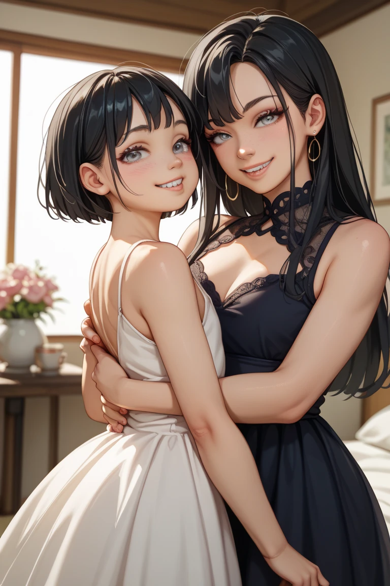 one girl tied up by another one,(bright lighting,romantic setting),dreamy background,bondage,dark hair, mesmerizing gaze, , soft skin, alluring beauty, artistic portrait, high-quality image, vibrant colors, long silk gown, in the bed, mosquito net,bondage