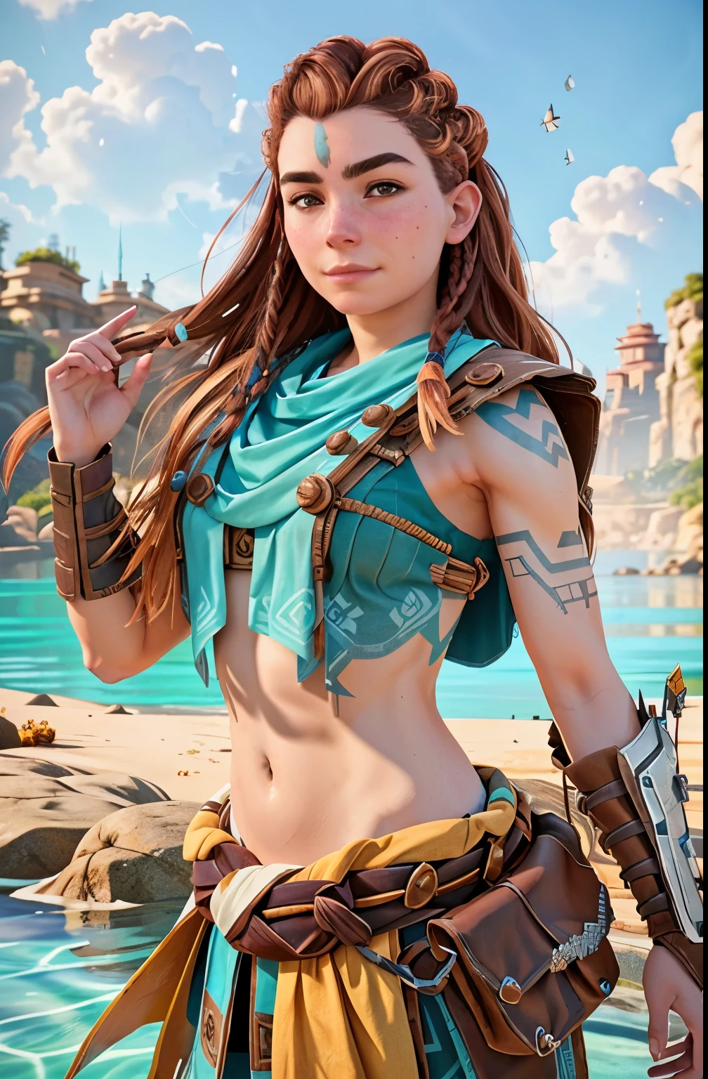 (masterpiece, best quality)
1 , AloyHorizon, Alone, long hair, smile, brown hair, hair ornament, navel, brown eyes, arm, Braid, outdoor, parted lips, sky, is, belly, sword, cloud, Red hair, water, behind, armdura, blue sky, lips, looking to the side, tattoo, ocean, looking to the side, thick eyebrows, shoulder armdura, bainha, corda, freckles, Hand in Your Own Hair, rock, Realistic, nose, dreadlocks