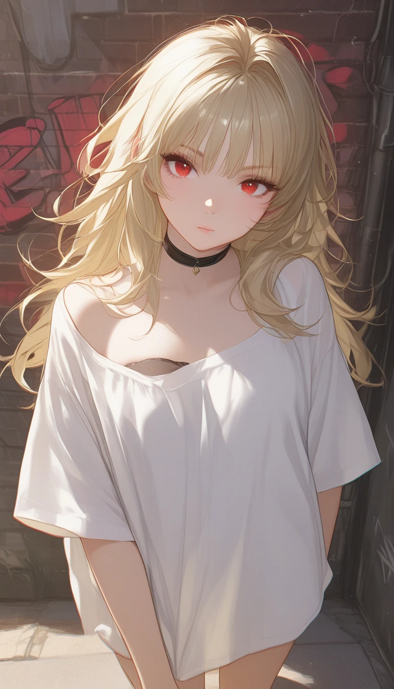 Ultra-realistic 8K CG, masterpiece, ((Highly detailed background, Delicate pattern, Intricate details)), Highest quality, Intricate detailss, chromatic aberration, One girl, Long Hair, Blonde, Messy Hair, Red highlights, Hair on one eye, Sharp eyes, choker, Brick wall, graffiti, Dim lighting, alley, Oversized shirt,Off the shoulder, Sheer white shirt, masterpiece, Highest quality