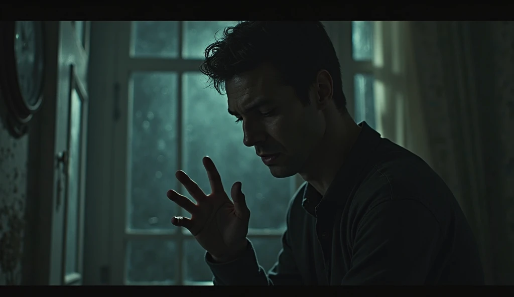 a man possessed by a demon in a dark, dimly lit room, with fear and a clear, ultra-high quality image. 