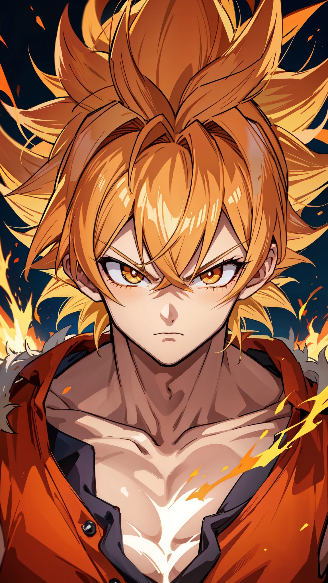 Son goku super sayajin looking at viewer, serious face. Yellow orange aura of power. Muscles. soft light. digital art. traces of 90's anime. Orange Torn clothes. Face defined,