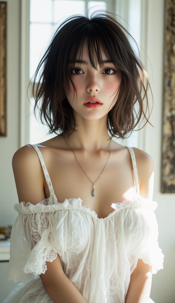 One girl、(((flat chest))), (flat chest:1.1)、Short hair, Skin Tight Black Top:1.2, Looking at Viewer, Cinematic lighting, Perfect, softlight, High resolution skin:1.2, Realistic skin texture, Realistic face, off shoulders, Red Eyes, Shortcut Hair、(((flat chest))), (flat chest:1.1)、dark brown  hair、a small face、Bust a Cup、 mature woman、close-up of a face、Off-shoulder with beautiful collarbone