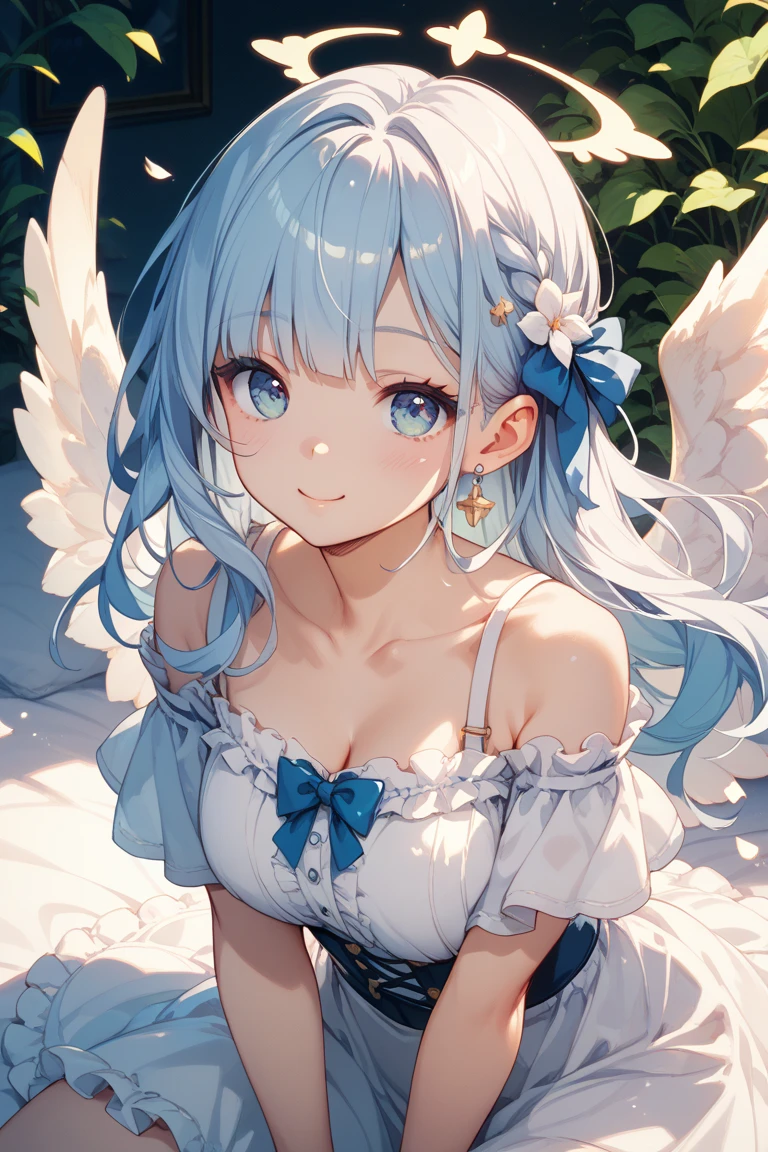 (masterpiece:1.3), (best quality:1.3), high resolution,
couboy shot,
leaning forward, body facing forward,
(one cute girl:1.3), solo,
white skin, small Breast, eight-headed person,
light blue hair, (bobbed hair:1.2), (short hair:1.2), (blunt bangs:1.2), beautiful hair, blue eyes, beautiful detailed eyes,
blush, open mouth, heart, cheerful smile,
wedding dress, frill, Angel Wings, earrings,
outdoors, flower garden, natural park,
shadowlighting,
