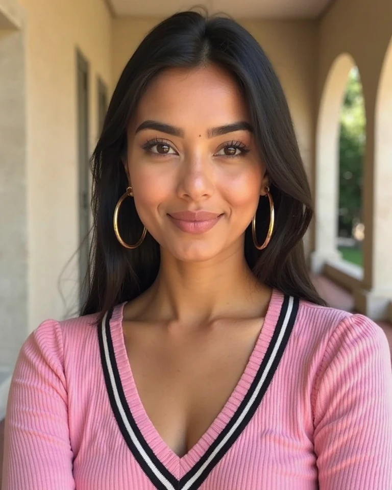 A 23-year-old brown woman, ((pechos grandes)), ((hiperrealismo)) ,. Brown hair with light blonde roots. cabello rubio, Hair with brown roots, cabello extra largo, cabello muy largo, really long hair, Beautiful, Front view, selfie, photo taken with iPhone, elegant black shirt with escote, escotada, selfie in the garden, high quality, selfie iPhone, cleavage