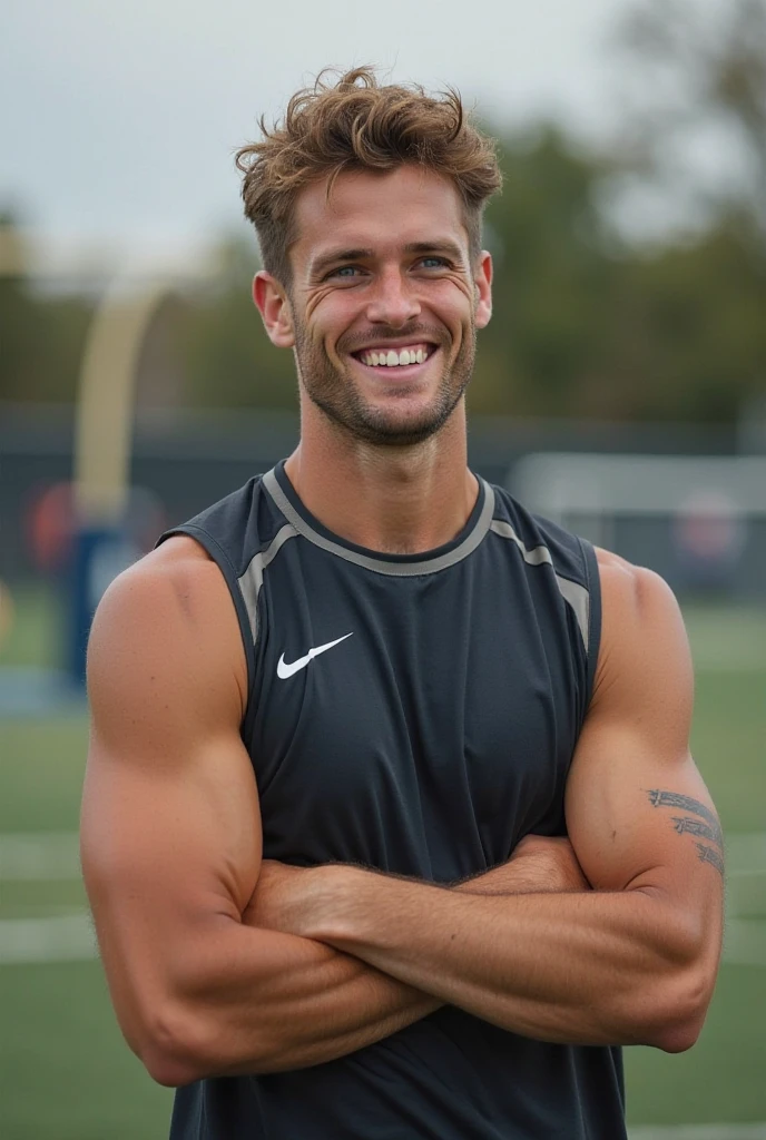 Draw a full-fledged athlete,Stand on the central field of the gym,He wears jeans,The man looks confident and determined,rays of sunshine,cheerful big breasts,Handsome,Crew cut,full bodyesbian