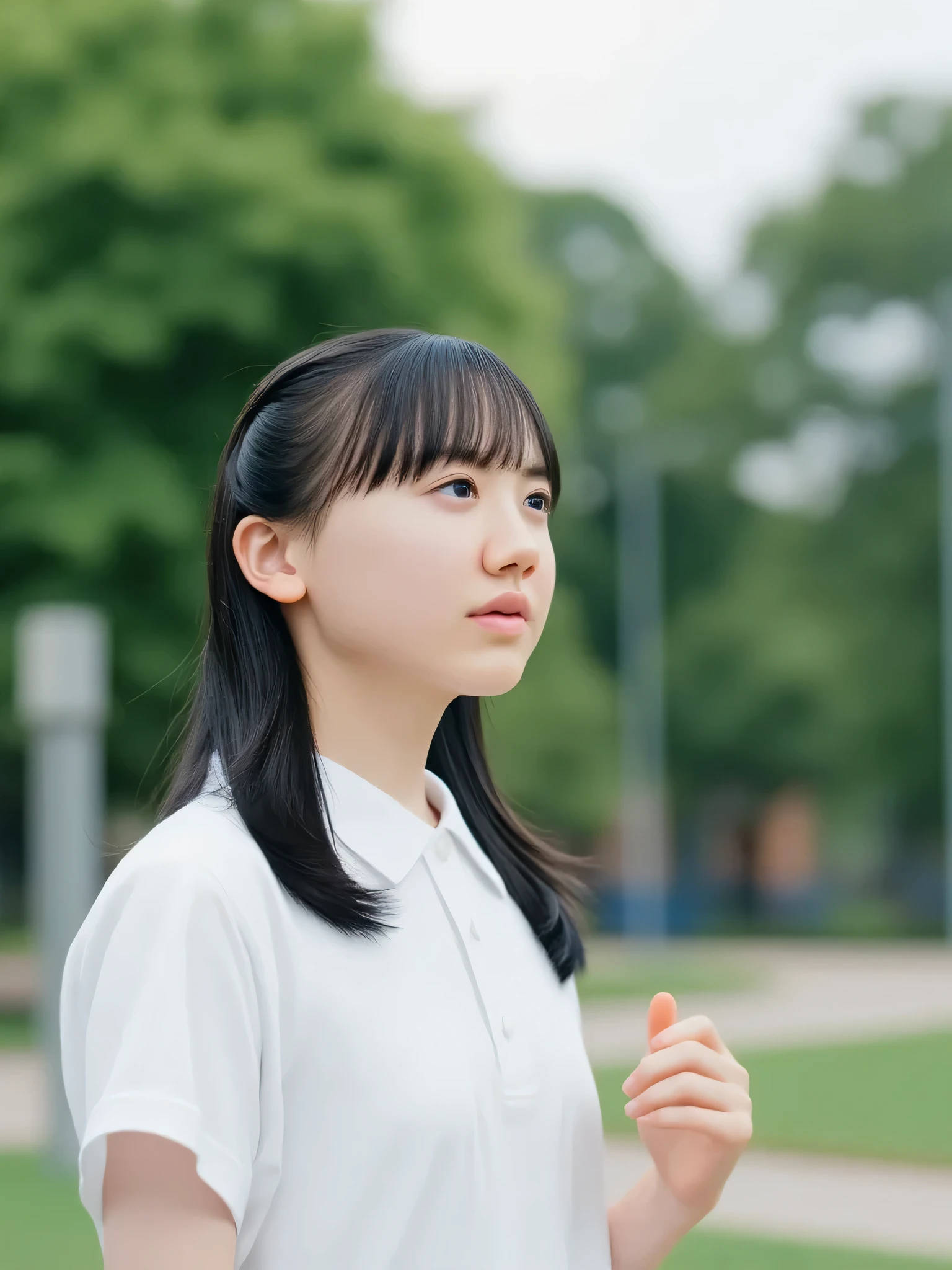 wearing polo shirt, (nsfw1.3), long hair, upper body, ((from above, high angle, higher angle, looking up)), (10yo girl, small chest), park