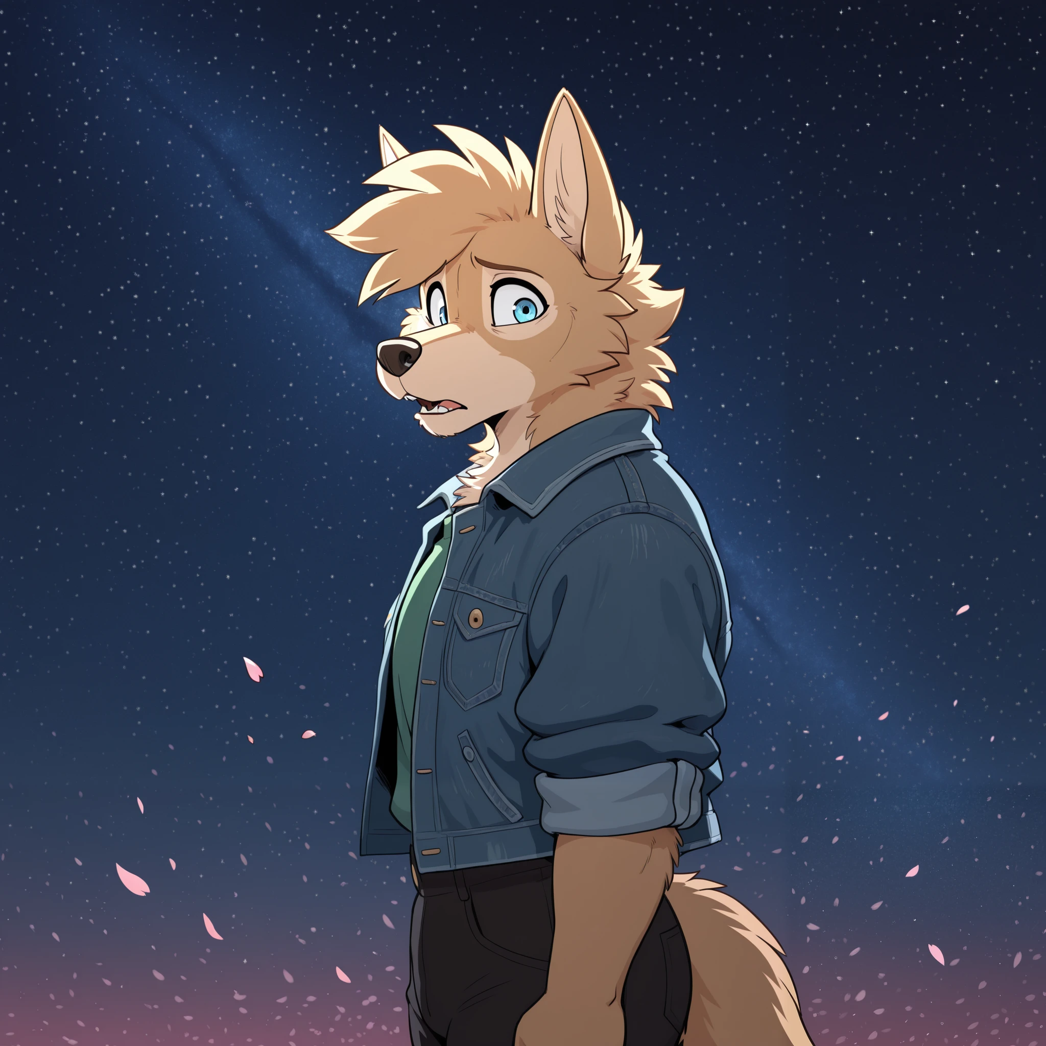 masterpiece, best quality, amazing quality, anthro golden retriever, light brown fur, (wolf ears), male, solo, blue eyes, short hair, tall man, athletic, muscular, green shirt, face focus, wolf ears, denim jacket, folded sleeves, portrait, starry sky, wind, petals flying, hopeful, pleading, sad, thick arms, black pants, looking at viewer, cherry blossom in the background, open mouth, standing, face focus