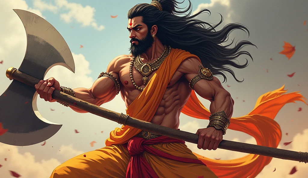 An indian man, long hair and beard, holding a battle axe, well defined muscles, althletic physic, well defined characteristics, wearing a saffron colour dhothi,