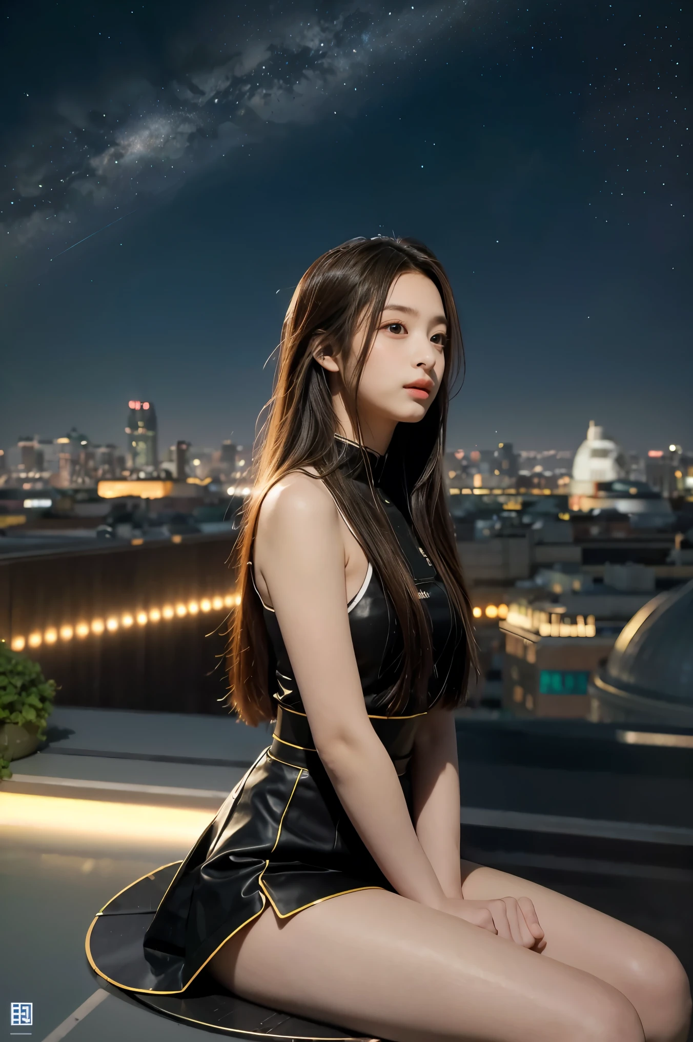 best quality, masterpiece, extremely detailed, detailed background, anime, 1girl, young girl, short girl, sci-fi, science fiction, outdoors, night, starry sky, greenhouse, megastructure, bio-dome, landscape, scenery, horizon, rooftop, sitting on rooftop, wind, looking away, atmospheric lighting, solo focus, close up, from side, depth of field, bokeh
