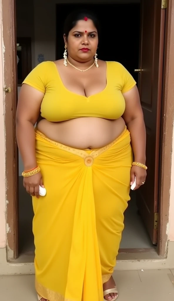 Full shot of sexy milf ,vijaya wearing a sports bra and glossy yellow mini tight short , ,blonde hair, thick feminine curves