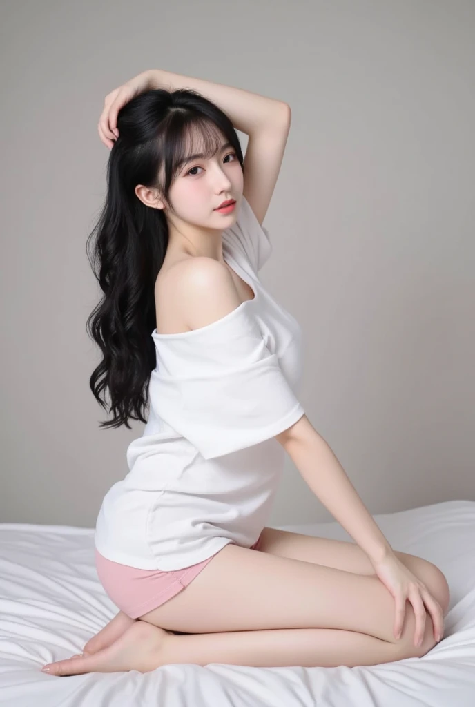 close-up of beautiful Chinese, Ningning is a AESPA South Korean pop girl group, age 22 years old girl, youthful face, perfect body, white body skin, very long hair, black hair, straight hair, 36 inches breasts size, wearing a plain standard white sleeved t-shirt, wearing a tight plain standard white short pants, sexy looking pose, pose a naughty look, pose looks seductive, at the boyfriend bedroom, boyfriend bedroom background, UHD