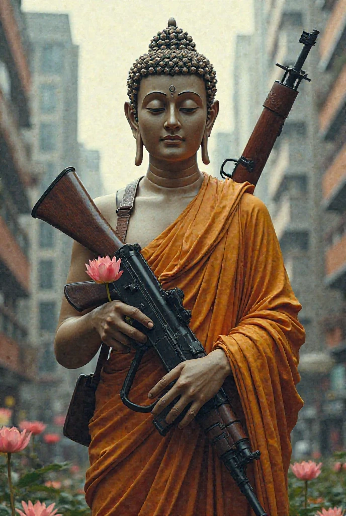 The Buddha holds a gun and does not preach to those who do wrong