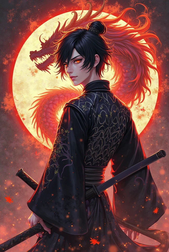 Ultra detailed, Highres, absurdres, HDR, master piece,i, black hair, expressive red eyes, Jujutsu Kaisen, black long coat with patterns, red ice flowers, petals, extremely handsome, sexy man, solo, extremely detailed eyes and face, red ice, ref ice glittering butterflies, black tight t-shirt, realistic face, glittering, glittering eyes, white wolf,