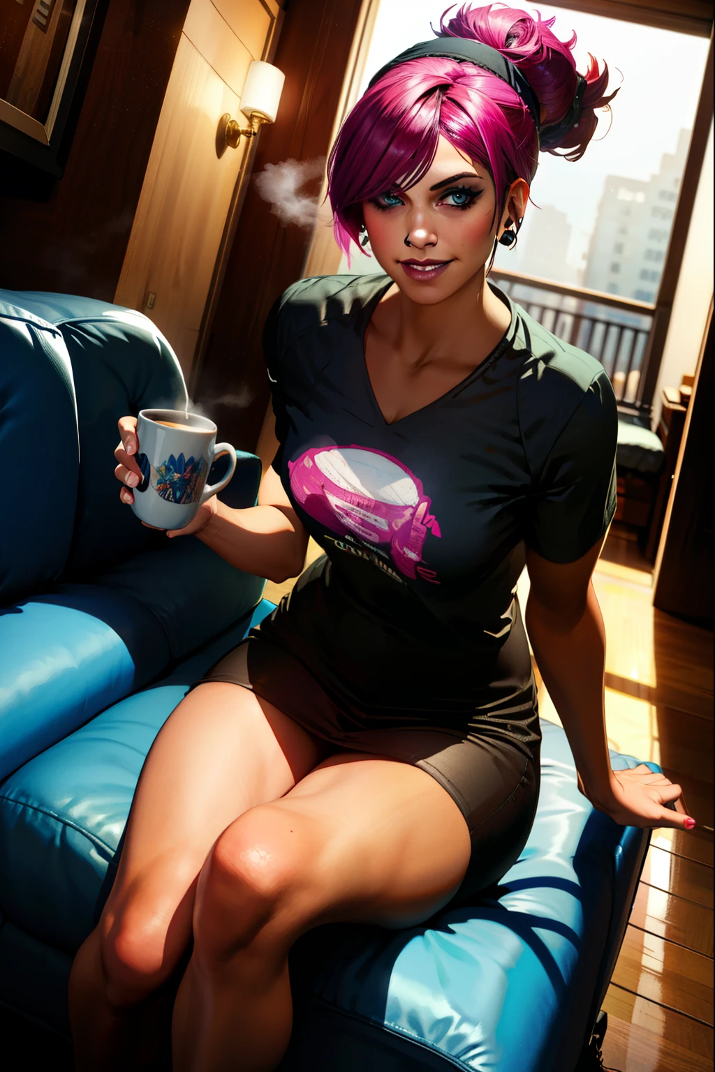 looking at viewer romantically, (extremely detailed CG unity 4k wallpaper),(best illustration),(best shadow),(absurdres), (simple night background), fetchxl, multicolored hair,pink hair, blue eyes, Oversized football jersey, earrings, city apartment, soft lights,morning,nose ring, loving smile, medium breasts, Lithe figure, living room, sitting, couch, steaming cup of coffee, POV shot,