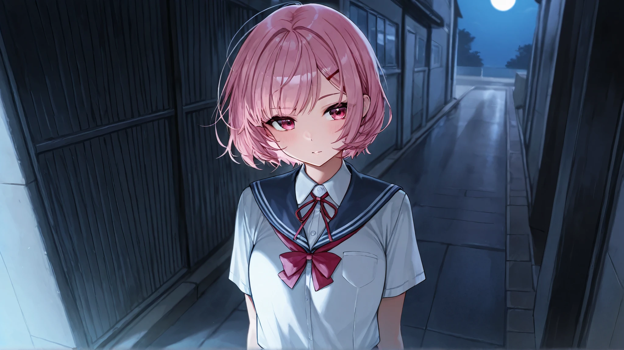 Natsuki with pink short hair, lies and sleeps sideways on a street tile in a school uniform, top view. All you can see is the upper half of her body, moonlight.