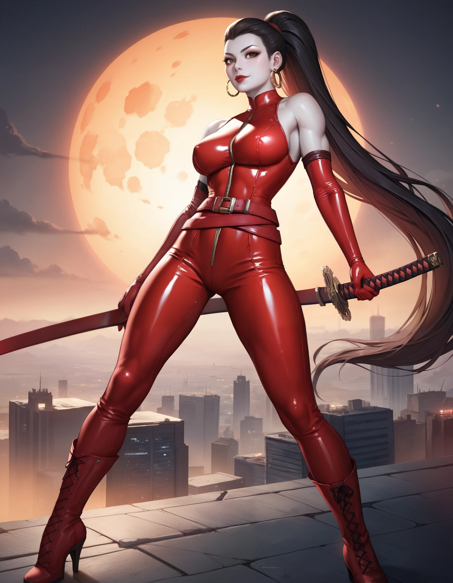 a 3d pixar animation style picture of Vampirella standing in the street at night, Vampirella (masterpiece, extremely detailed, highly detailed), standing in an urban street at night  exquisite beautiful Vampirella (masterpiece, extremely detailed, very high quality: 1.5), best detailed face, full body, wearing red suit,  armed with a sword (very high quality), ready for battle, urban street background, lamp lights, moon light, detailed background (masterpiece, extremely detailed, very high quality), best realistic, very high quality, best quality, 16k, [ultra detailed], masterpiece, best quality, (extremely detailed), ultra wide shot, photorealism, room is lit with bright light, depth of field, 3D animation render