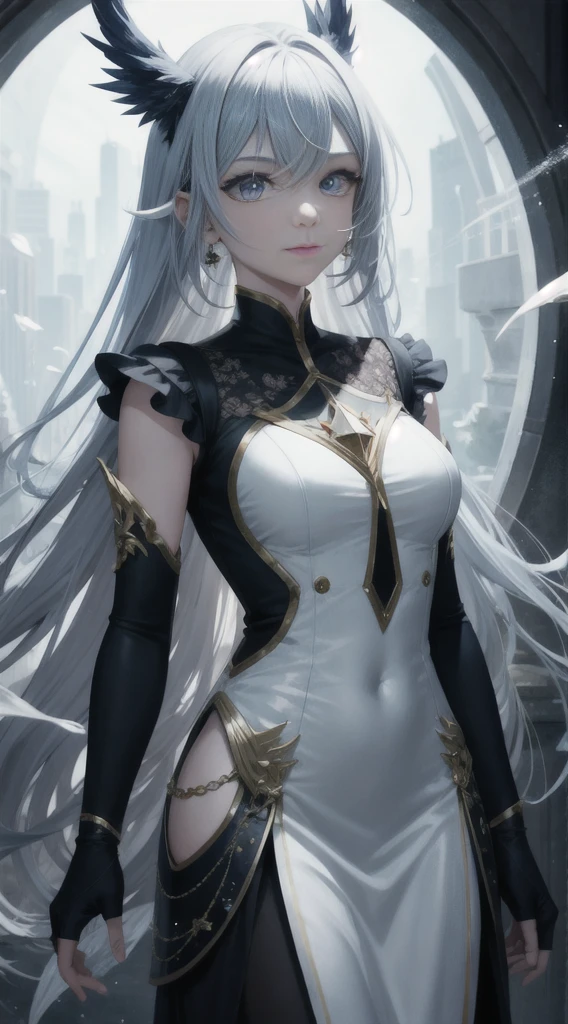 Master anime work, impeccable masterpiece, a mature noblewoman standing on a pure white background in a cool and sexy costume, female boss, flowing silver hair, full body standing, slender legs, straight breasts, detailed face details, natural and beautiful standing posture, vivid and real body details