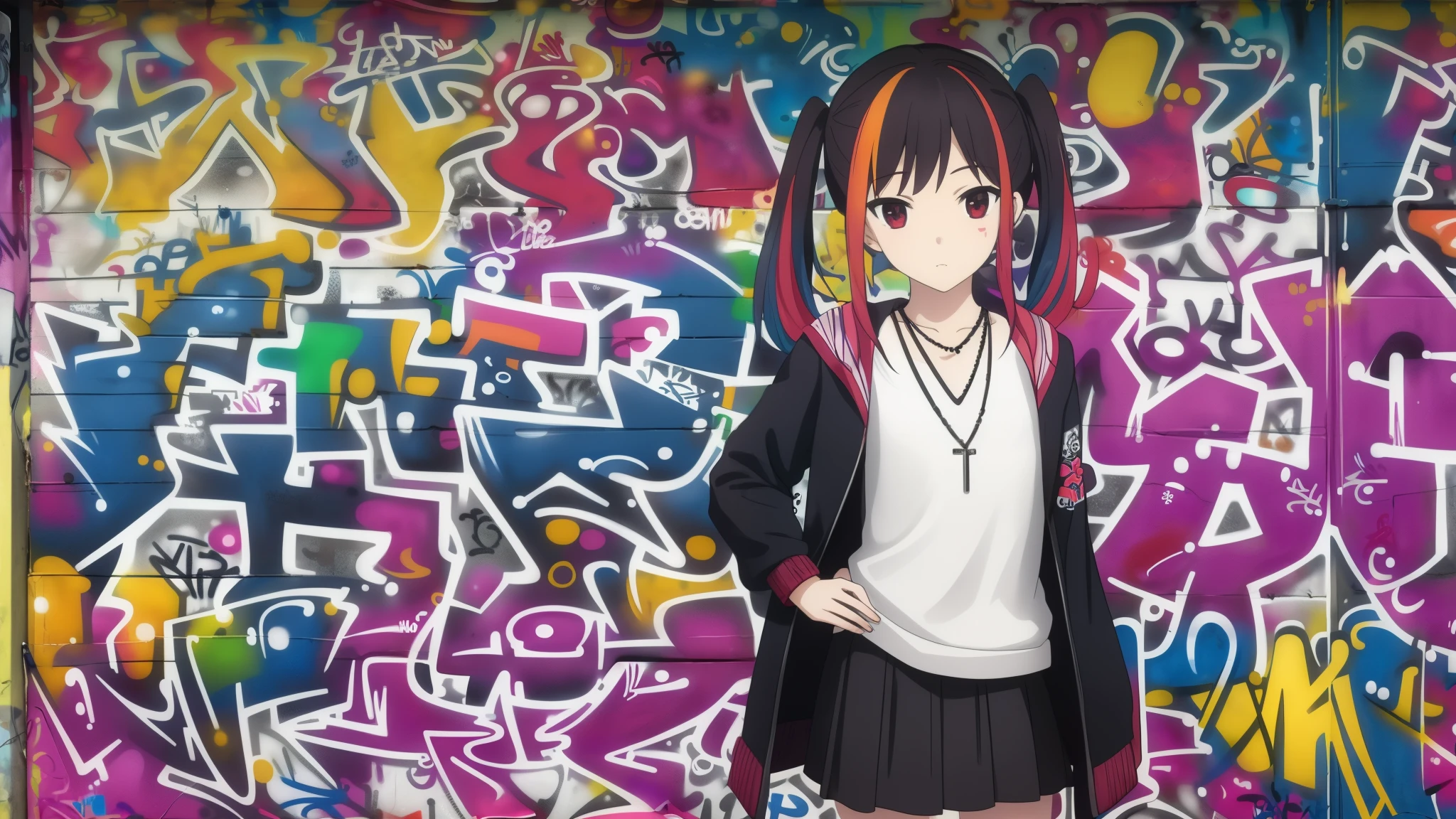 gothic theme.  Masterpiece , best quality, 1girl, One, necklace, ( graffiti:1.5),   paint splashes  , hands behind your back,  against the wall, looks at the viewer, multicolored hair, pigtails
