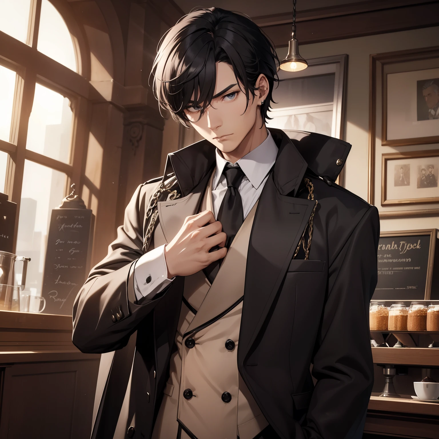 masterpiece, best quality, 1man, (colorful),(delicate eyes and face), volumatic light, ray tracing, bust shot ,extremely detailed CG unity 8k wallpaper,solo, severus snape, handsome man, Severus snape, sitting at desk, writing on paper, open books on desk, looking at viewer, annoyed look, handsome, slight blush, potion bottles in background