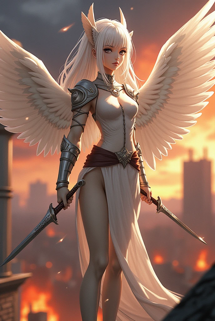 Logo guilda carton com o nome SHARP GIRLS, and a cartoon drawing of a beautiful warrior woman with swords and long white wings and long white hair