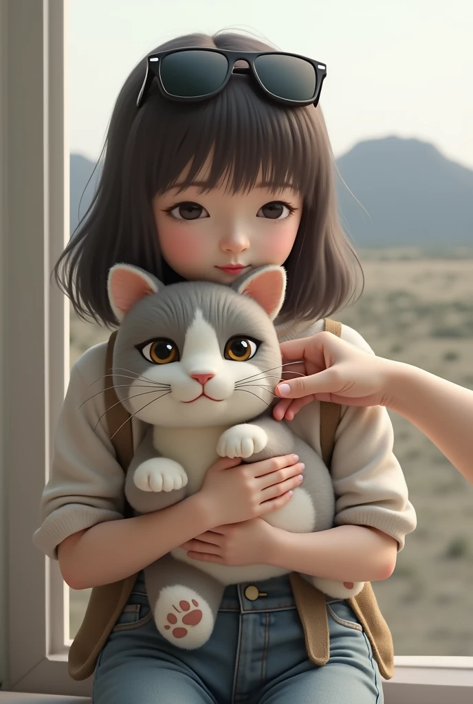 Create an image of a girl grabbing a white cat