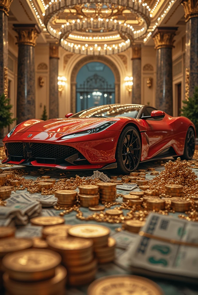 
CREATE AN ULTRAREALISTIC IMAGE WITH A LIFE-SIZE RED FERRARI, LINDA PARKED NEXT TO GOLD BARS AND OPEN SUITCASES WITH DOLLARS INSIDE, convey depth, IN THE BACKGROUND A BEAUTIFUL MANSION with modern architecture, WITH 3 sexy WOMEN AND NEXT TO THE FERRARI A HANDSOME YOUNG WIZARD IN BLUE CLOTHES AND FULL OF JEWELS, PERFECT WIZARD HANDS WITH 5 FINGERS