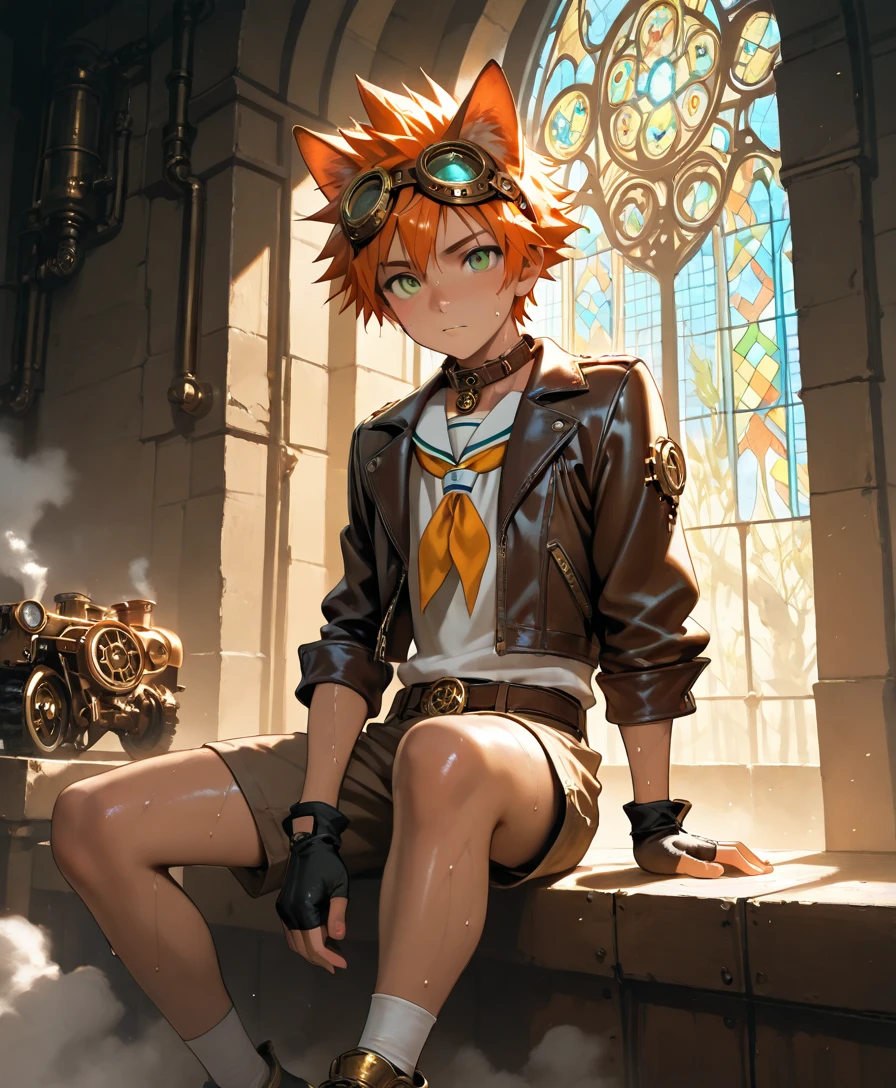 1boy, young male, brown skin, cat ears, sweat, shorts, leather jacket, neckerchief, fingerless grove, shoes, goggles on head, collar, sunshine, short hair, spiked hair, orange hair, green eyes, cinematic lighting, masterpiece, best quality, looking at viewer, wind, huge golden gear, steampunk, sunlight, stained glass, steam engine