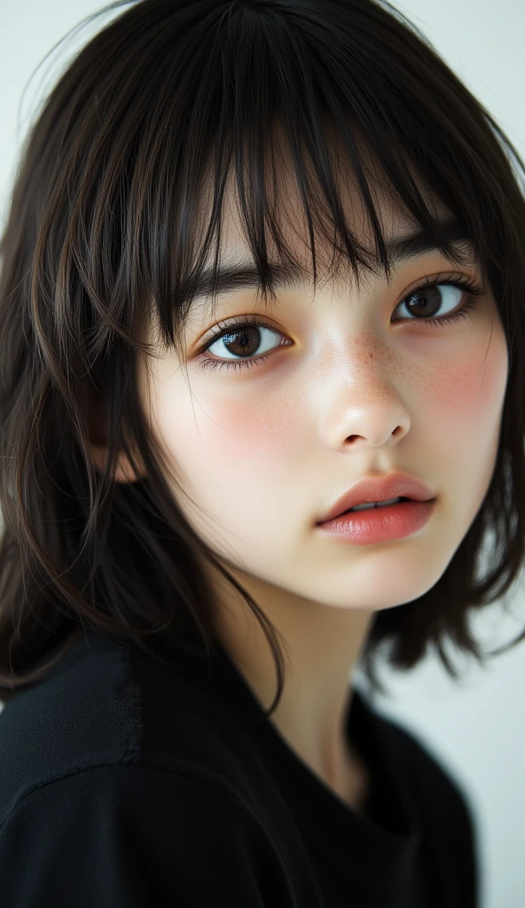 ((top quality)),(masterpiece:1.4),raw photos of Kao all,8k,((TOP QUALITY)), ((highest resolution in )),beautiful face of a 24-year-old Japanese person down to the smallest detail,very well detailed,Gentle expression,(One Woman:1.3 ),realistic,photo realistic,(very short hair:1.4),(beautiful woman),(cute japanese girl:1.3),(mannish),((pretty woman)),(beautiful hair),((dark brown hair)),(((赤い頬))),(( her eyes were big )), 20 Year Old Beauty,( her face is small :1.7),small head,((Long neck)),pale skin,Spotless Skin,With bangs,Everyone admires,Japanese beautiful woman,(My head８There are many),Gothic Lolita