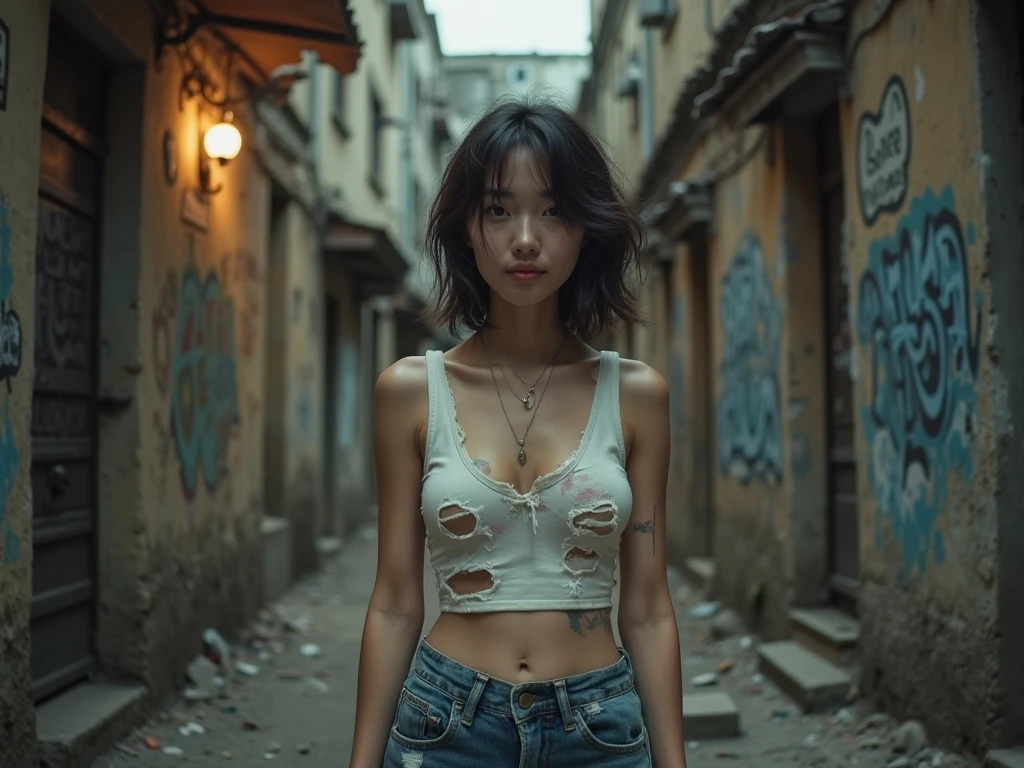 Very cute extreme exhibitionist korean beauty in the slums，Very dirty，Devastated，Broken doors and windows，Clutter piles up haphazardly，The ground is a mess，pee stain, Sweat, sewage, The ground is dilapidated，Clear skinny bikini，Cloudy white liquid covering，facing at camera，Exquisite and perfect facial features，White and tender skin，Slender legs，Delicate and perfect human body structure，Barefoot，Spread your legs，Extreme picture quality，Highest accuracy，40k, Photography, masutepiece, Best quality, dark grey background, White skin, ((Smaller bust :1.3)), ((((No panties, no-bra)))), ((cleavage, Exposed breasts, Exposed crotch, Exposed lower abdomen, exhibitionism, exposed shaved pubic hair)), Best quality, masutepiece, hyper HD, (Photorealistic:1.4), RAW photo, (perfect body type), (Slim:1.1), Slim abdomen, perfect slim figure, (((Full-figured :0.9))), Solo, Sagging breasts, deep shading, Unobtrusive, Cold light 12000K, Highly detailed facial and skin texture, Detailed eyes, Realistic eyes, Beautiful detailed eyes, (Realistic face Realistic skin), Attractive, 超高分辨率, ultra-realistic realism, Highly detailed, (Yawning), (((exhibitionism)))