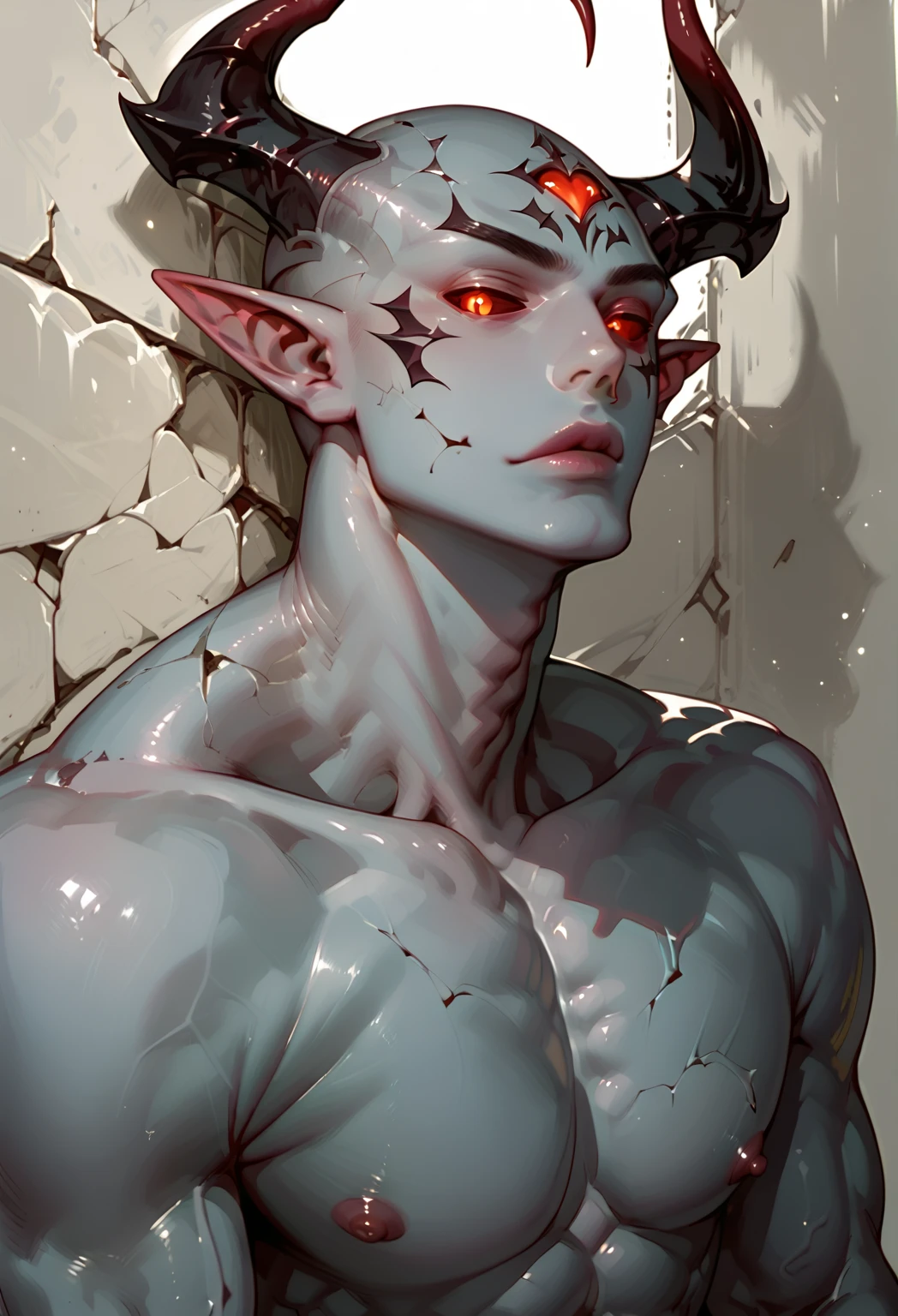 aquatic creature, mermaid, Pale skin, Patchy skin, scaly skin, prominent veins, dark veins, gray hair, black_circles under the eyes, pink eyes, black_sclera, young_boy, warrior, armor, full cloth, Broad smile, Sharp teeth, closed clothing, Pointed ears, dark background ((Best quality))