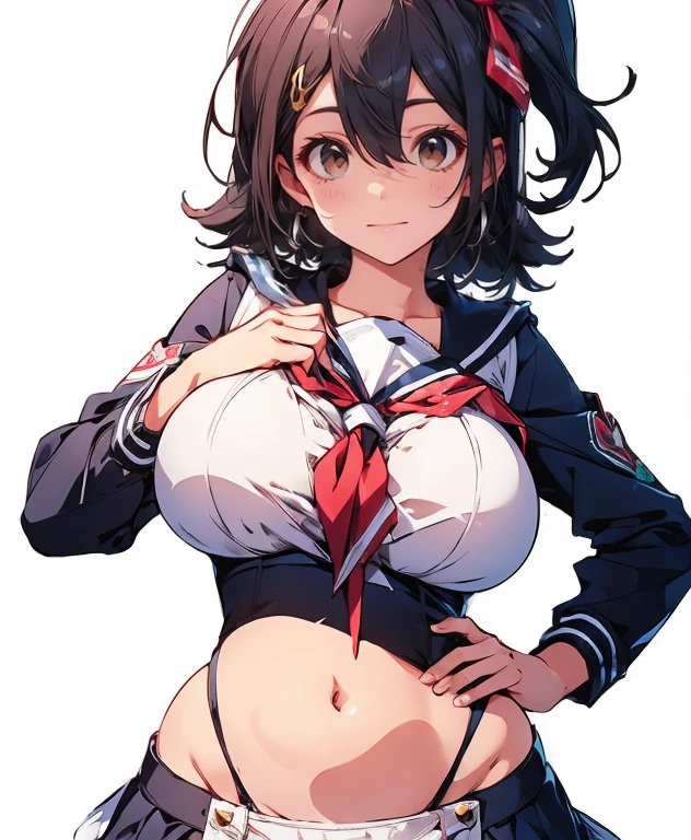 (upper body,from front),(1 girl,drooping eyes,smile,salute),(gigantic breasts:1.5),(short hair,black hair,clothed,red blazer,black miniskirt,underboob),dutch angle,close to viewer,in darkroom
