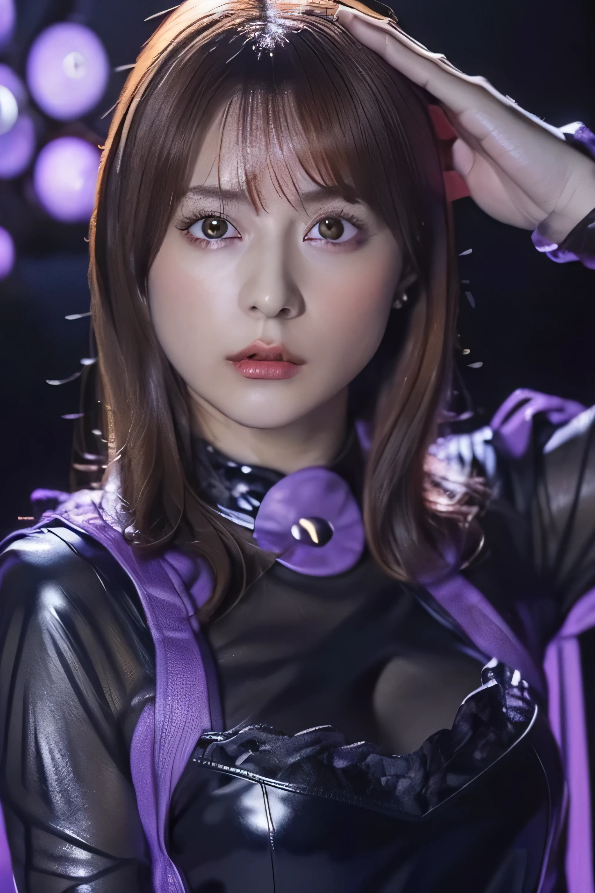 (((orange hair , Girl with Purple Eyes )){1 girl},{{{{{masterpiece++, best quality++, super detailed+, Ultra High Resolution,(photorealistic:1.4),RAW photo,(We)+,(We)+,(dress ナミ)+,(dress),(((Orange Hair))), girl in a black latex full bodysuit,very aesthetic, best quality, absurd, 1 girl, brainwashed,}}}}}, ((Purple glowing eyes 1.2)), Big Breasts,expressionless, Darkness ,( night :1.5), stands up and salutes