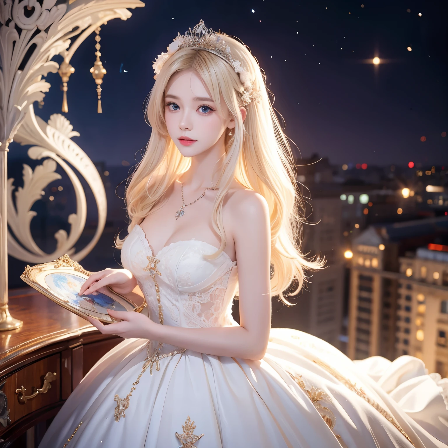 there is a woman in a white dress holding a Music Box, artwork in the style of guweiz, guweiz on pixiv artstation, guweiz on artstation pixiv, guweiz, fantasy art style, guweiz masterpiece, beautiful and elegant queen, beautiful character painting, detailed digital anime art, blonde - haired princess, White hair, sky blue eyes, pink lips