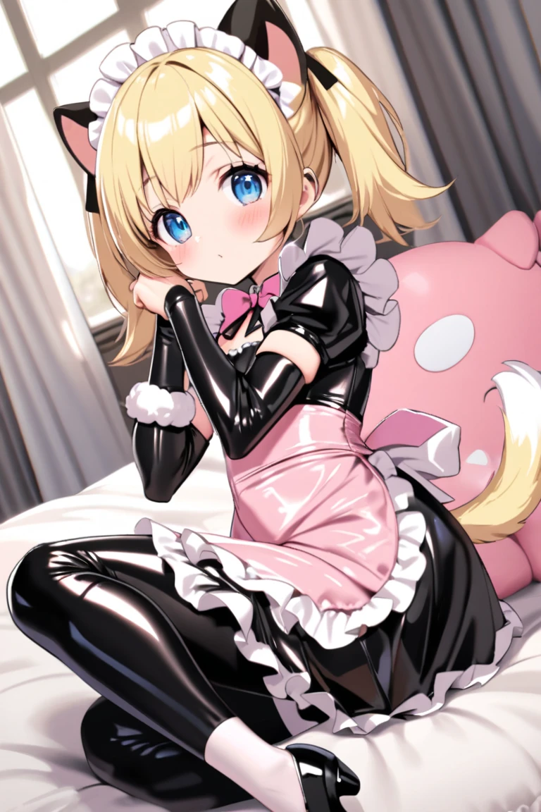 1girl, solo, multiple colored hairs, maid, black cat tail, smile, black thighhigh, leaning forward, charm posing, background,  upskirt, (view from below), presenting, very young girl, tight pussy, tight anus, , little, petitte, elegant young girl, blonde hair, ponytail, anus focus, (extreme close-up), ((pov facesitting)), squatting, view from front, small breasts, nipples, dildo, anal dildo riding, motion lines,