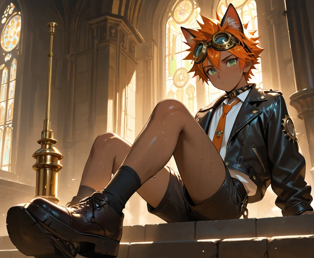 1boy, young male, brown skin, cat ears, sweat, shorts, leather jacket, white shirt, necktie, fingerless grove, shoes, goggles on head, collar, sunshine, short hair, spiked hair, orange hair, green eyes, cinematic lighting, masterpiece, best quality, looking at viewer, steampunk, cathedral, golden pipes, sunlight, stained glass with gear,