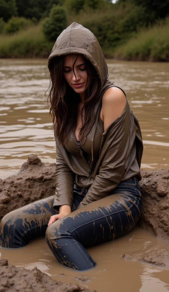 (Masterpiece), (Best Quality), (Super Detail), (Moonlit), Finely Beautiful Eyes, Delicate Beautiful Face, Height: 5'4", Weight: 115 lbs, Body/Figure Type: Athletic, Eye Color: Hazel, Hair Color: Chestnut Brown, Skin Tone: Fair, She wears wet cargo pants and soaked thermal top, Standing out side of a tent in the forest during the night time in a heavy storm, gloomy, wet hair, y