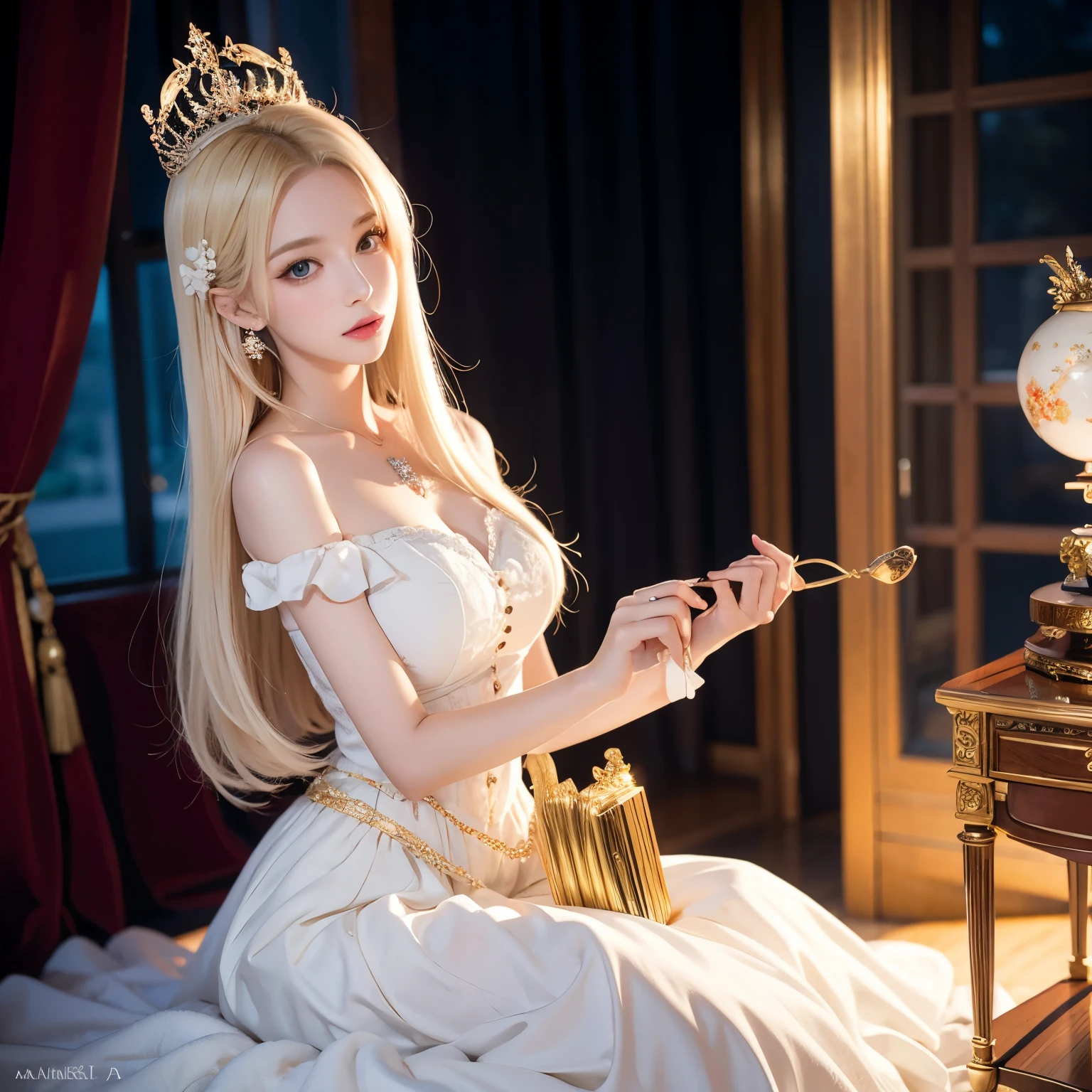 ((top-quality、masterpiece、8K))、Blonde beauty、delicate and beautiful face、(Luxury dresses in the style of medieval Europe、Princess)、Luxury Accessories、European-style castle、Cinematic lighting、Textured skin、Super Detail、high detailing、High quality、hight resolution