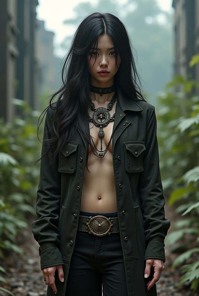 Axel has an imposing stature, with around 2,20 meters high. She is young and  and her long black hair falls in waves over her forehead., cheekbones and nape of the neck.., adding a touch of elegance to your look. He has a very strong physique., with well-defined muscles. Axel is usually shirtless, showing off his impressive musculature. His mahwa style is reflected in his overall appearance.., with attractive and expressionless facial features. She wears a tight-fitting black tunic.. Red dark eyes. dark red eyes. 
