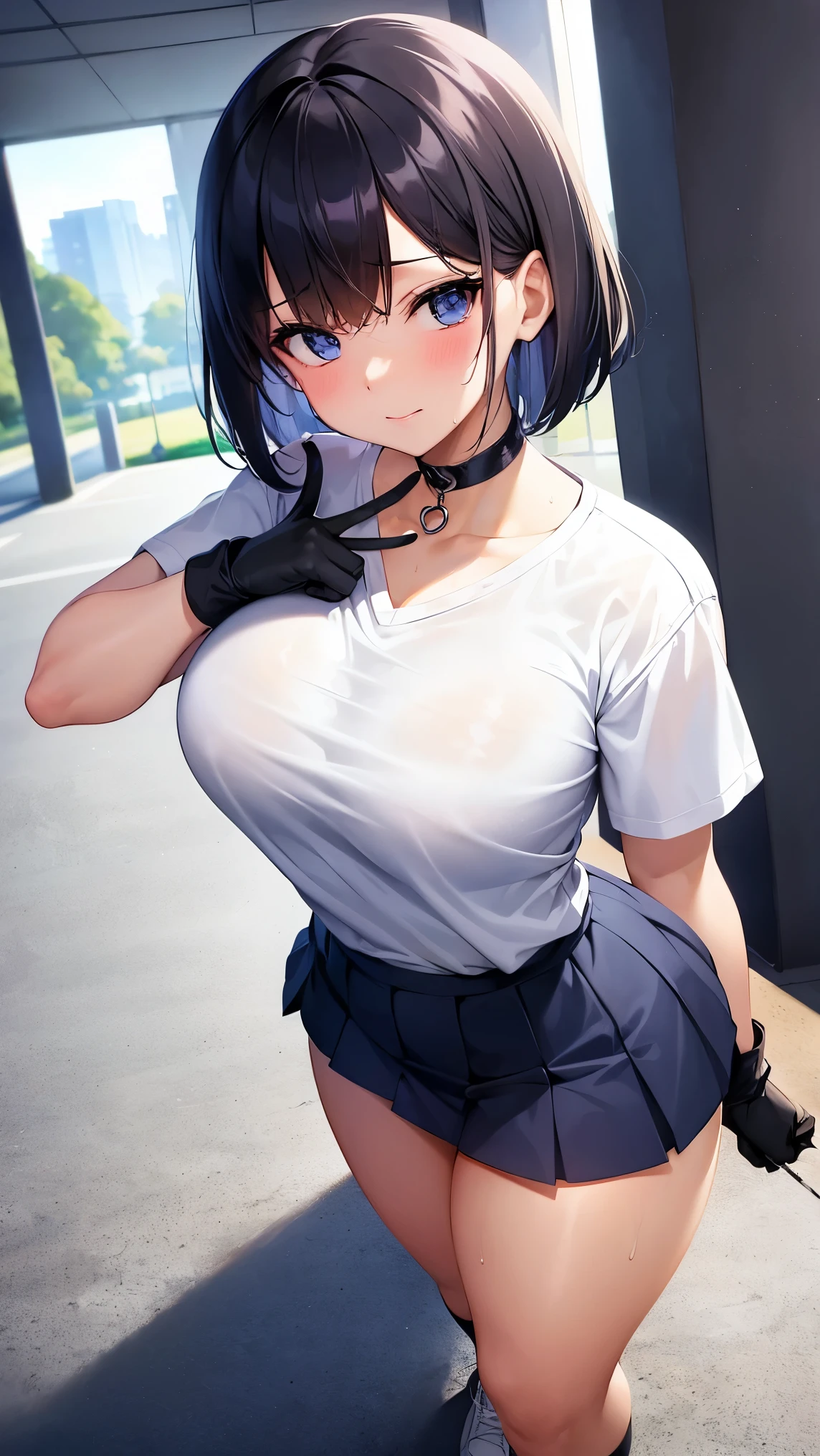 Best quality, expressive eyes, perfect face, woman, with black short hair, Wear a black tactical helmet, Fast googles above she head, sunglasses, white long-sleeved shirt, black skirt, wearing stockings, wearing a black bullet vest, full body, angry,