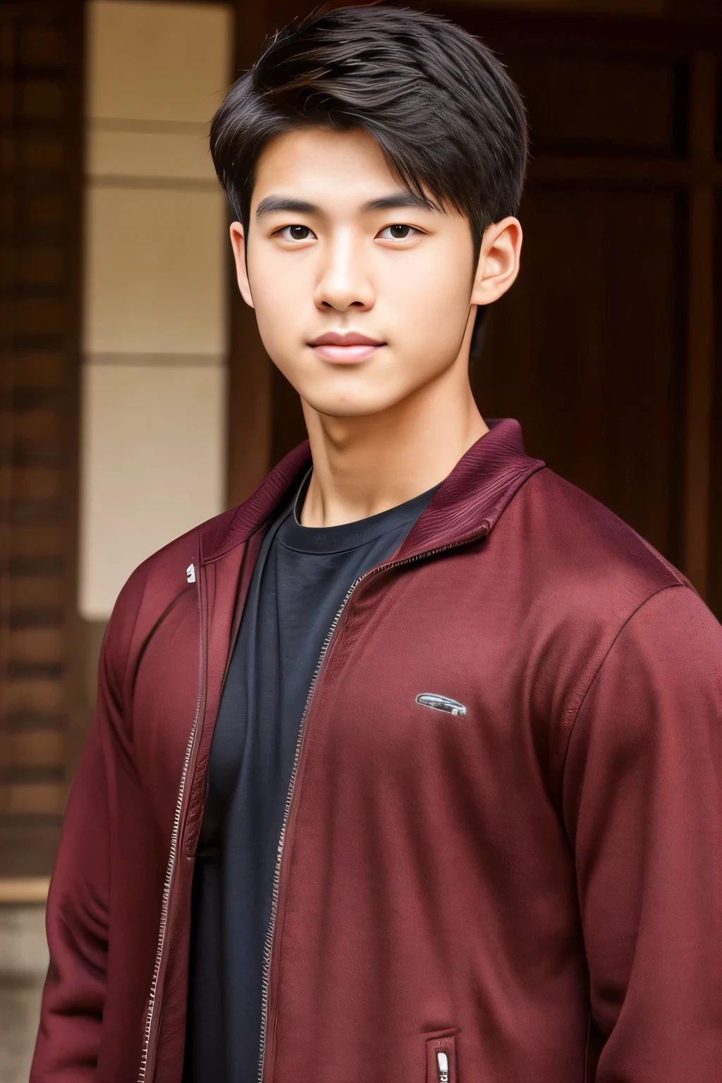 18-year-old male、Japanese、handsome、 macho、 athlete、Short Hair、facing the front、burgundy colored clothes