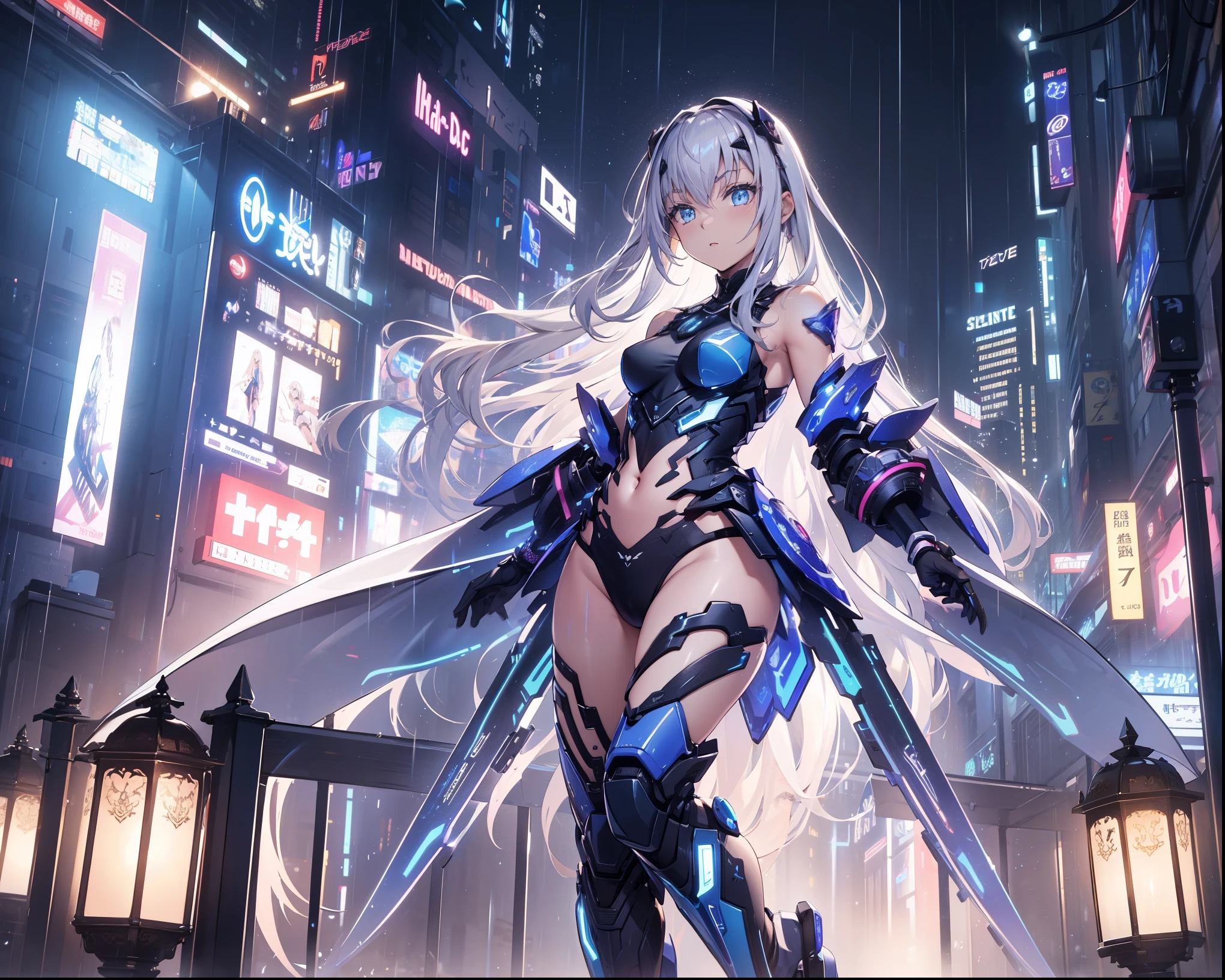 ( is of the highest quality,4K, 8,000, high resolution, masterpiece :1.2), Super Fine , girl ,Holy,( Silver white long hair ), blue eyes ,obsessed, Elegant posture ,玩得 happy ,in love, Lovely cloth , Detailed clothes ,pattern,Swimsuit, happy , Sci-fi city , alone ,Small amount of armor ,confrontation,rain, sci-fi combat suit