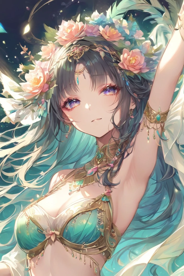 Dark Elf Portrait, ((Dark Skin)), Medium length pointed ears, Moonlight Particles, Moonlight Aura,(輝く紫colorの目:1.2), (流れるような銀colorの髪:1.3),A light, cold smile, Cold Face, Sexy and revealing Romanian costume,( Silver Jewelry), 紫colorに光るタトゥー, Mature Body,detailed,Realistic,4K High Definition,Mappa Studio,masterpiece,Highest quality,Official Art,figure,Clear lines,(nice_color),Perfect composition,Fantasy,Concentrated,The rule of thirds,hyper realism, a girl lying on tatami, on her back, perfect anatomy, from above, looking at the viewer, emphasizing her upper body, brown long hair, golden eyes, moist eyes, sweating, oily skin, shiny skin, so line, steaming body, wearing the white micro-bikini(see-through), large breasts, large areolas, navel,Backlight,Shiny Hair"Shiny Skin,Nipple erection,Realistic Flesh,
